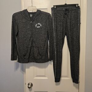 Justice Girls Charcoal Gray Hooded Zip-Up Set with Rhinestone Trim On Pants